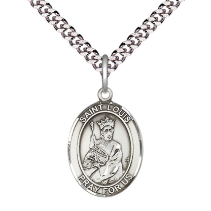 Everlasting Light Jewelry Medium Men's Pewter Saint St. Louis Medal Pendant on 24 Inch Endless Rhodium Plated Heavy Curb Brass Chain, Catholic Religious Necklace - Made in USA- Deluxe Velvet Gift Box
