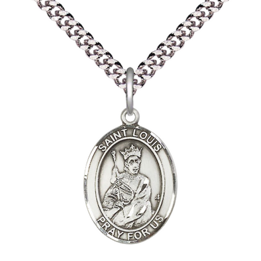 Everlasting Light Jewelry Medium Men's Pewter Saint St. Louis Medal Pendant on 24 Inch Endless Rhodium Plated Heavy Curb Brass Chain, Catholic Religious Necklace - Made in USA- Deluxe Velvet Gift Box