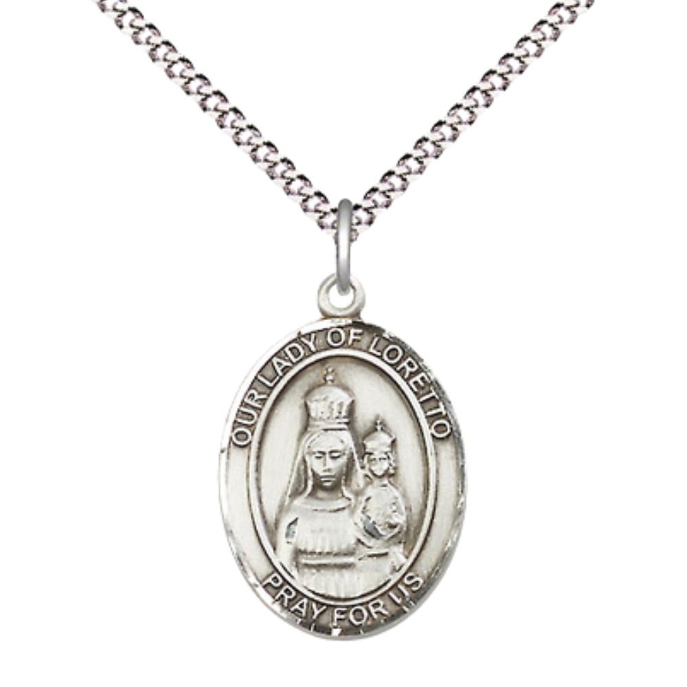 .925 Sterling Silver Our Lady of Loretto Medal Pendant on 18 Inch Rhodium Plated Lite Curb Brass Chain with Lobster Claw Clasp, Catholic Religious Necklace - Made in USA- Prayer Card Included