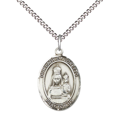 .925 Sterling Silver Our Lady of Loretto Medal Pendant on 18 Inch Rhodium Plated Lite Curb Brass Chain with Lobster Claw Clasp, Catholic Religious Necklace - Made in USA- Prayer Card Included