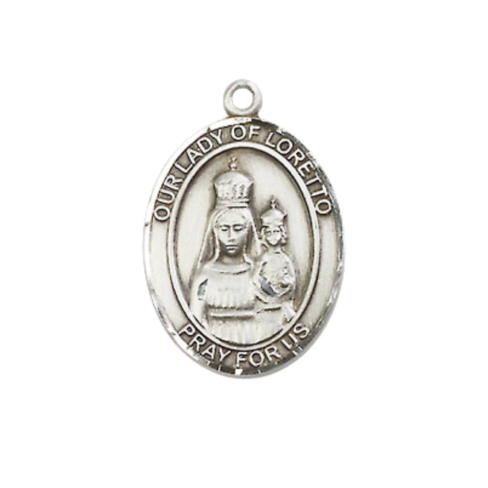 .925 Sterling Silver Our Lady of Loretto Medal Pendant on 18 Inch Rhodium Plated Lite Curb Brass Chain with Lobster Claw Clasp, Catholic Religious Necklace - Made in USA- Prayer Card Included