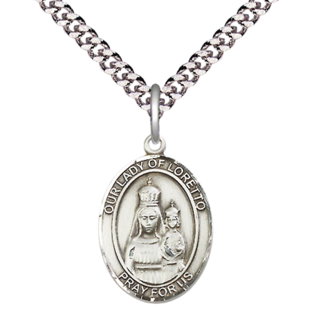 Everlasting Light Jewelry Medium Men's Pewter Our Lady of Loretto Medal Pendant on 24 Inch Endless Rhodium Plated Heavy Curb Brass Chain, Catholic Religious Necklace - Made in USA- Deluxe Velvet Gift Box