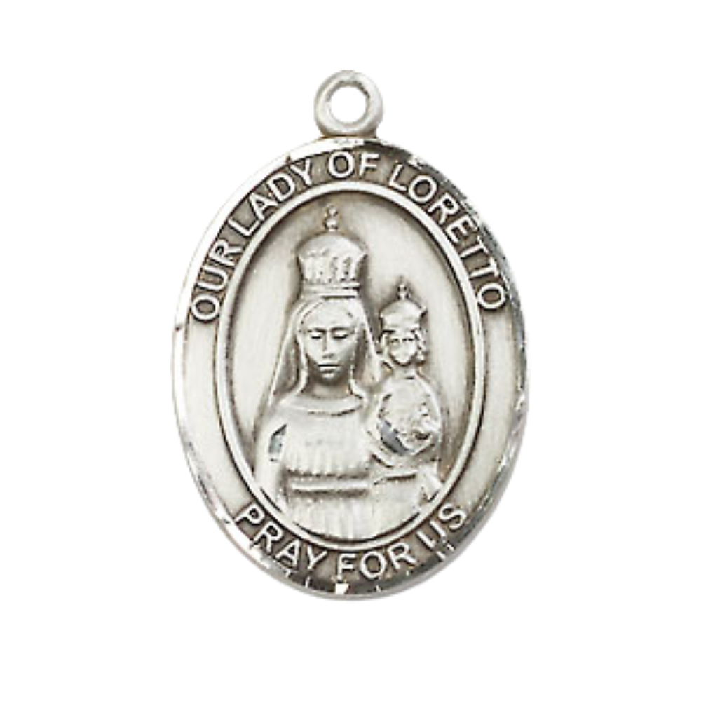 Everlasting Light Jewelry Medium Men's Pewter Our Lady of Loretto Medal Pendant on 24 Inch Endless Rhodium Plated Heavy Curb Brass Chain, Catholic Religious Necklace - Made in USA- Deluxe Velvet Gift Box