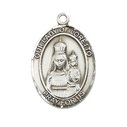 Everlasting Light Jewelry Medium Men's Pewter Our Lady of Loretto Medal Pendant on 24 Inch Endless Rhodium Plated Heavy Curb Brass Chain, Catholic Religious Necklace - Made in USA- Deluxe Velvet Gift Box