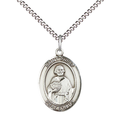 Everlasting Light Jewelry Medium Women's Pewter Saint Philip the Apostle Pendant Necklace on 18-inch Rhodium-Plated Lite Curb Brass Chain – Patron Saint of Hatters & Pastry Chefs – Velvet Gift Box Included