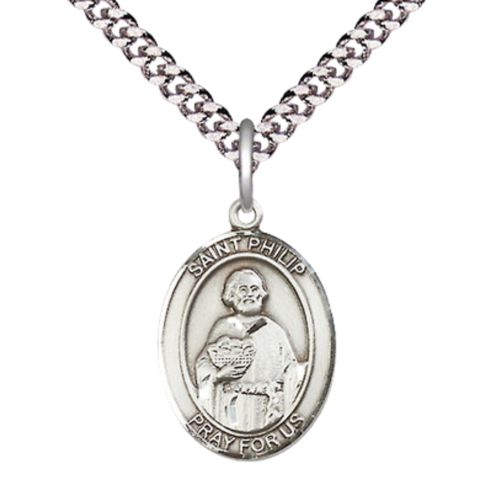 Medium Men's .925 Sterling Silver Saint St. Philip the Apostle Medal Pendant on 24 Inch Endless Rhodium Plated Heavy Curb Brass Chain, Catholic Religious Necklace - Made in USA- Deluxe Velvet Gift Box