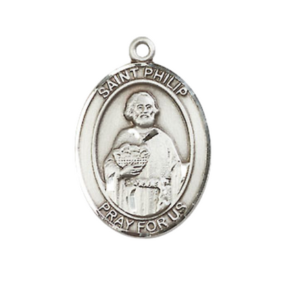 Mens Medium Oval Pewter Saint St. Philip the Apostle Medal Pendant on 24 Inch Rhodium Plated Heavy Curb Brass Chain w/ Lobster Claw Clasp, Catholic Religious Necklace - Made in USA- Velvet Gift Box