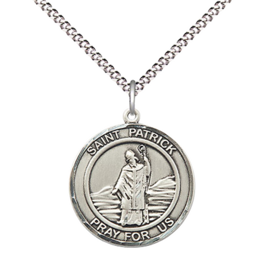 Medium Women's .925 Sterling Silver Saint St. Patrick Pendant Necklace on 18 Inch Rhodium- Plated Lite Curb Brass Chain with Lobster Claw Clasp – Patron Saint St. of Ireland, Engineers, Catholic Medal – Velvet Gift Box Included