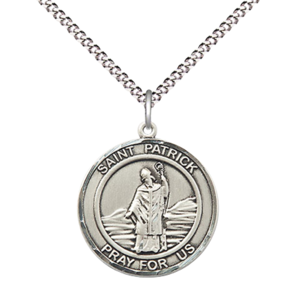 Medium Women's Pewter Saint St. Patrick Medal Pendant on 18 Inch Rhodium Plated Lite Curb Brass Chain w/Lobster Claw clasp, Catholic Religious Necklace - Made in USA - Deluxe Velvet Gift Box