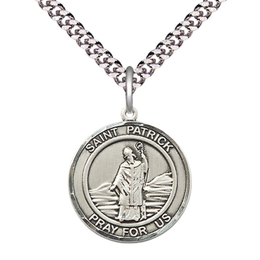 Everlasting Light Jewelry Medium Men's Pewter Saint St. Patrick Medal Pendant on 24 Inch Endless Rhodium Plated Heavy Curb Brass Chain, Catholic Religious Necklace - Made in USA- Deluxe Velvet Gift Box