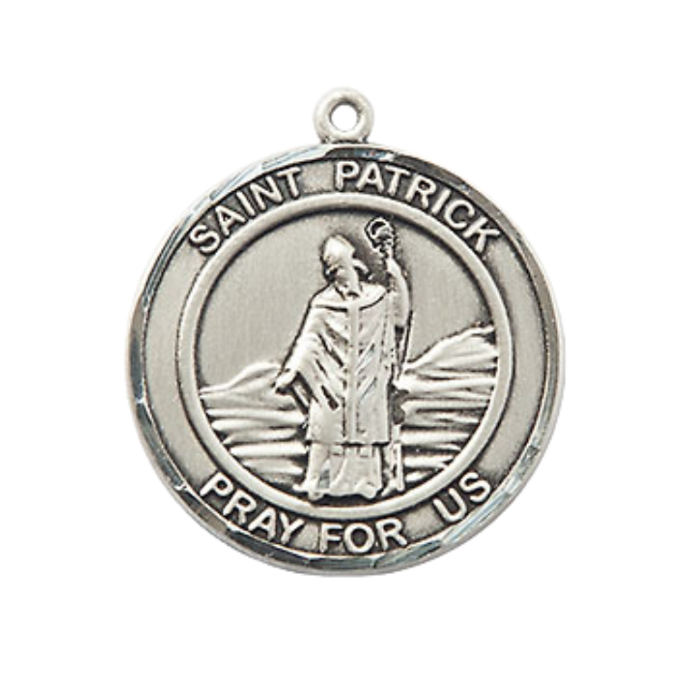 Everlasting Light Jewelry Medium Men's Pewter Saint St. Patrick Medal Pendant on 24 Inch Endless Rhodium Plated Heavy Curb Brass Chain, Catholic Religious Necklace - Made in USA- Deluxe Velvet Gift Box