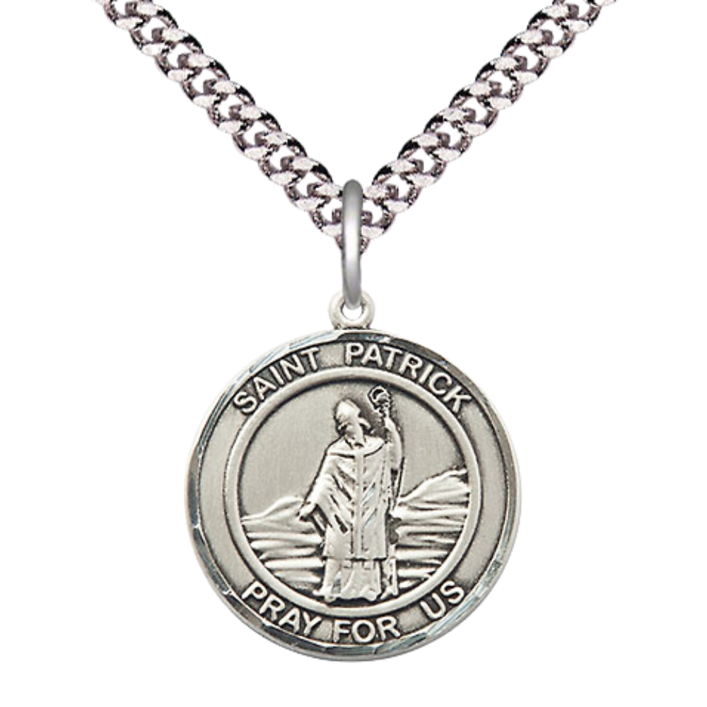 Mens Medium Round Pewter Saint St. Patrick Medal Pendant on 24 Inch Rhodium Plated Heavy Curb Brass Chain with Lobster Claw Clasp, Catholic Religious Necklace - Made in USA- Deluxe Velvet Gift Box
