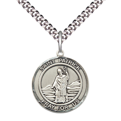 Medium Men's .925 Sterling Silver Saint St. Patrick Medal Pendant on 24 Inch Endless Rhodium Plated Heavy Curb Brass Chain, Catholic Religious Necklace - Made in USA- Deluxe Velvet Gift Box