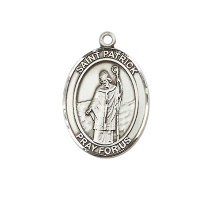 Medium Women's .925 Sterling Silver Saint St. Patrick Pendant Necklace on 18 Inch Rhodium Plated Lite Curb Brass Chain – ¾" x ½" Medal – Patron Saint St. of Snakes, Engineers, Ireland, Catholic Medal – Velvet Gift Box Included