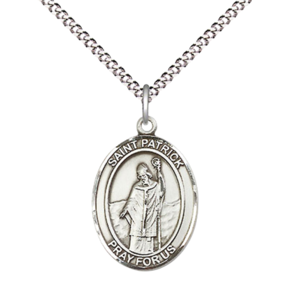 Medium Women's .925 Sterling Silver Saint St. Patrick Pendant Necklace on 18 Inch Rhodium Plated Lite Curb Brass Chain – ¾" x ½" Medal – Patron Saint St. of Snakes, Engineers, Ireland, Catholic Medal – Velvet Gift Box Included