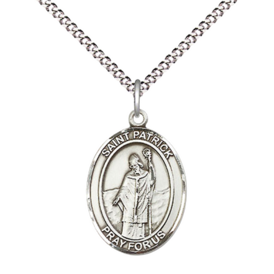 Everlasting Light Jewelry Medium Women's Pewter Saint St. Patrick Pendant Necklace on 18- inch Rhodium- Plated Lite Curb Brass Chain – Patron Saint St. of Snakes, Engineers & Ireland, Catholic Medal – Velvet Gift Box Included