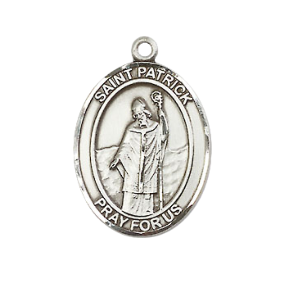 Medium Men's .925 Sterling Silver Saint St. Patrick Medal Pendant on 24 Inch Endless Rhodium Plated Heavy Curb Brass Chain, Catholic Religious Necklace - Made in USA- Deluxe Velvet Gift Box
