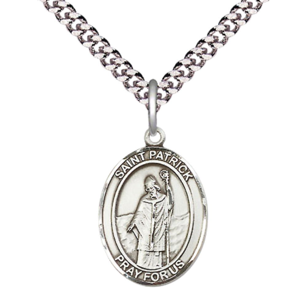 Everlasting Light Jewelry Medium Men's Pewter Saint St. Patrick Medal Pendant on 24 Inch Endless Rhodium Plated Heavy Curb Brass Chain, Catholic Religious Necklace - Made in USA- Deluxe Velvet Gift Box