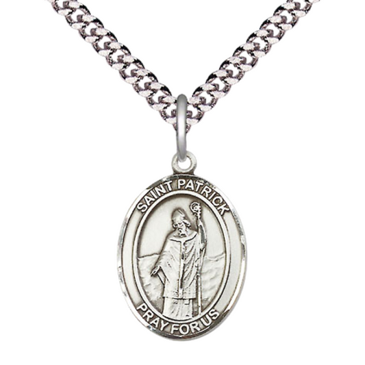 Everlasting Light Jewelry Medium Men's Pewter Saint St. Patrick Medal Pendant on 24 Inch Endless Rhodium Plated Heavy Curb Brass Chain, Catholic Religious Necklace - Made in USA- Deluxe Velvet Gift Box