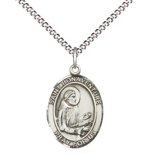 Everlasting Light Jewelry Medium Women's Pewter Saint St. Bonaventure Pendant Necklace on 18- inch Rhodium- Plated Lite Curb Brass Chain – Patron Saint St. of Bowel Disorders, Catholic Medal – Velvet Gift Box Included