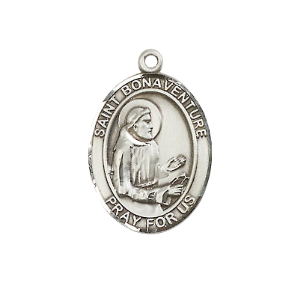 Medium Men's .925 Sterling Silver Saint Bonaventure Medal Pendant on 24 Inch Endless Rhodium Plated Heavy Curb Brass Chain, Catholic Religious Necklace -Made in USA- Deluxe Velvet Gift Box