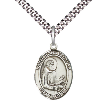 Everlasting Light Jewelry Medium Men's Pewter Saint St. Bonaventure Medal Pendant on 24 Inch Endless Rhodium Plated Heavy Curb Brass Chain, Catholic Religious Necklace - Made in USA- Deluxe Velvet Gift Box
