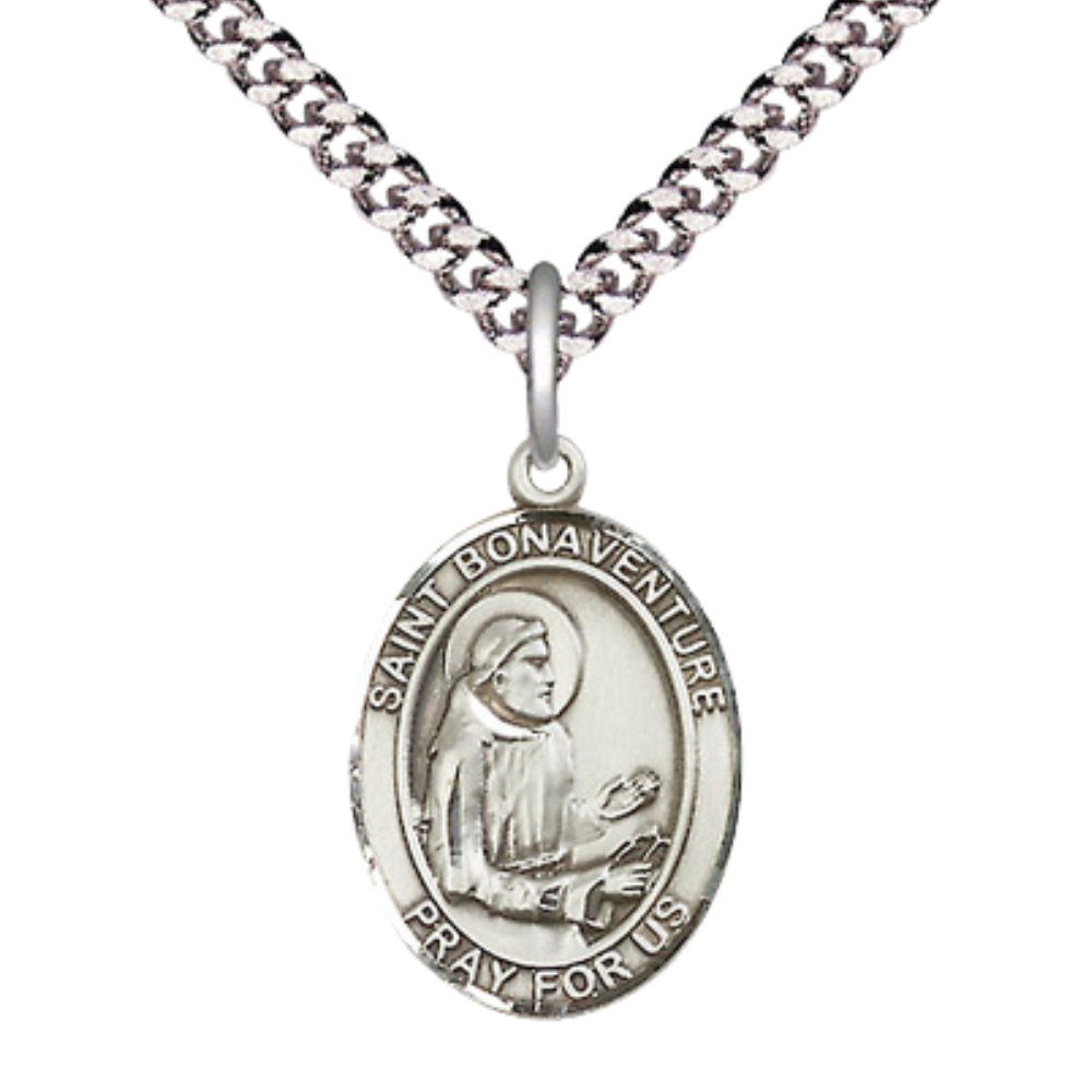 Mens Medium Oval .925 Sterling Silver Saint St. Bonaventure Medal Pendant on 24 Inch Rhodium Plated Heavy Curb Brass Chain w/ Lobster Claw Clasp, Catholic Religious Necklace - Made in USA- Velvet Gift Box