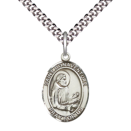 Mens Medium Oval .925 Sterling Silver Saint St. Bonaventure Medal Pendant on 24 Inch Rhodium Plated Heavy Curb Brass Chain w/ Lobster Claw Clasp, Catholic Religious Necklace - Made in USA- Velvet Gift Box