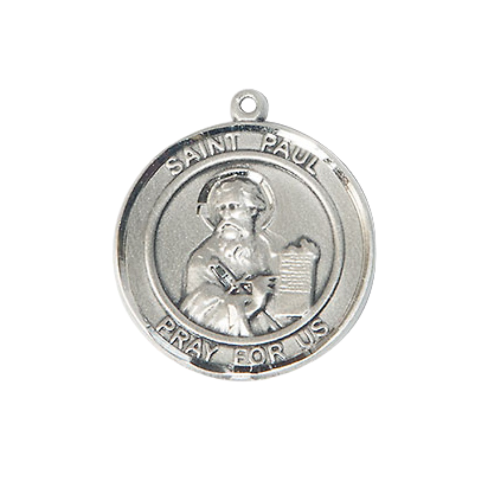 Medium Women's Pewter Saint St. Paul the Apostle Medal Pendant on 18 Inch Rhodium Plated Lite Curb Brass Chain w/ Lobster Claw clasp, Catholic Religious Necklace - Made in USA - Deluxe Velvet Gift Box