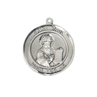 Medium Women's Pewter Saint St. Paul the Apostle Medal Pendant on 18 Inch Rhodium Plated Lite Curb Brass Chain w/ Lobster Claw clasp, Catholic Religious Necklace - Made in USA - Deluxe Velvet Gift Box