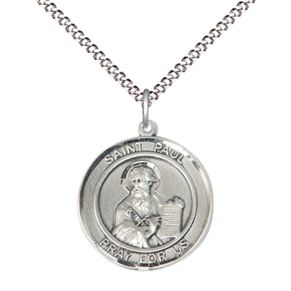 Medium Women's .925 Sterling Silver Saint St. Paul the Apostle Pendant Necklace on 18 Inch Rhodium- Plated Lite Curb Brass Chain with Lobster Claw Clasp, Catholic Medal - Patron Saint. of Publishers & Reporters – Velvet Gift Box