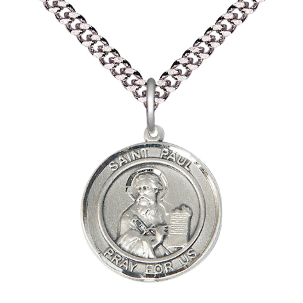Medium Men's .925 Sterling Silver Saint St. Paul the Apostle Medal Pendant on 24 Inch Endless Rhodium Plated Heavy Curb Brass Chain, Catholic Religious Necklace - Made in USA- Deluxe Velvet Gift Box