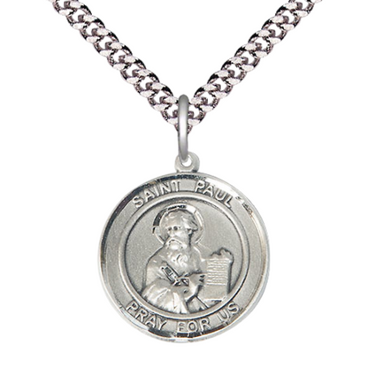 Medium Men's .925 Sterling Silver Saint St. Paul the Apostle Medal Pendant on 24 Inch Endless Rhodium Plated Heavy Curb Brass Chain, Catholic Religious Necklace - Made in USA- Deluxe Velvet Gift Box