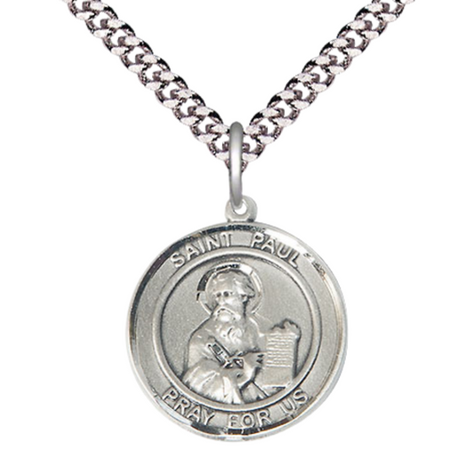 Medium Men's .925 Sterling Silver Saint St. Paul the Apostle Medal Pendant on 24 Inch Endless Rhodium Plated Heavy Curb Brass Chain, Catholic Religious Necklace - Made in USA- Deluxe Velvet Gift Box