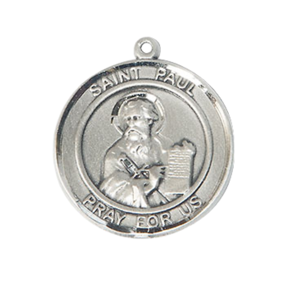 Medium Men's Pewter Saint St. Paul the Apostle Medal Pendant on 24 Inch Endless Rhodium Plated Heavy Curb Brass Chain, Catholic Religious Necklace - Made in USA- Deluxe Velvet Gift Box