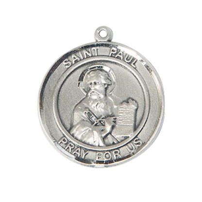 Medium Mens Round .925 Sterling Silver Saint St. Paul the Apostle Medal Pendant on 24 Inch Rhodium Plated Heavy Curb Brass Chain w/ Lobster Claw Clasp, Catholic Religious Necklace - Made in USA- Velvet Gift Box