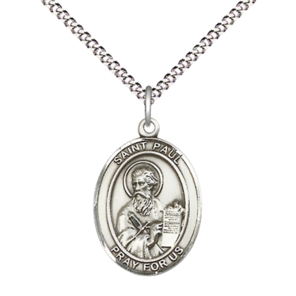 Everlasting Light Jewelry Medium Women's Pewter Saint St. Paul the Apostle Pendant Necklace on 18- inch Rhodium- Plated Lite Curb Brass Chain – Patron Saint St. of Publishers & Reporters, Catholic Medal – Velvet Gift Box Included