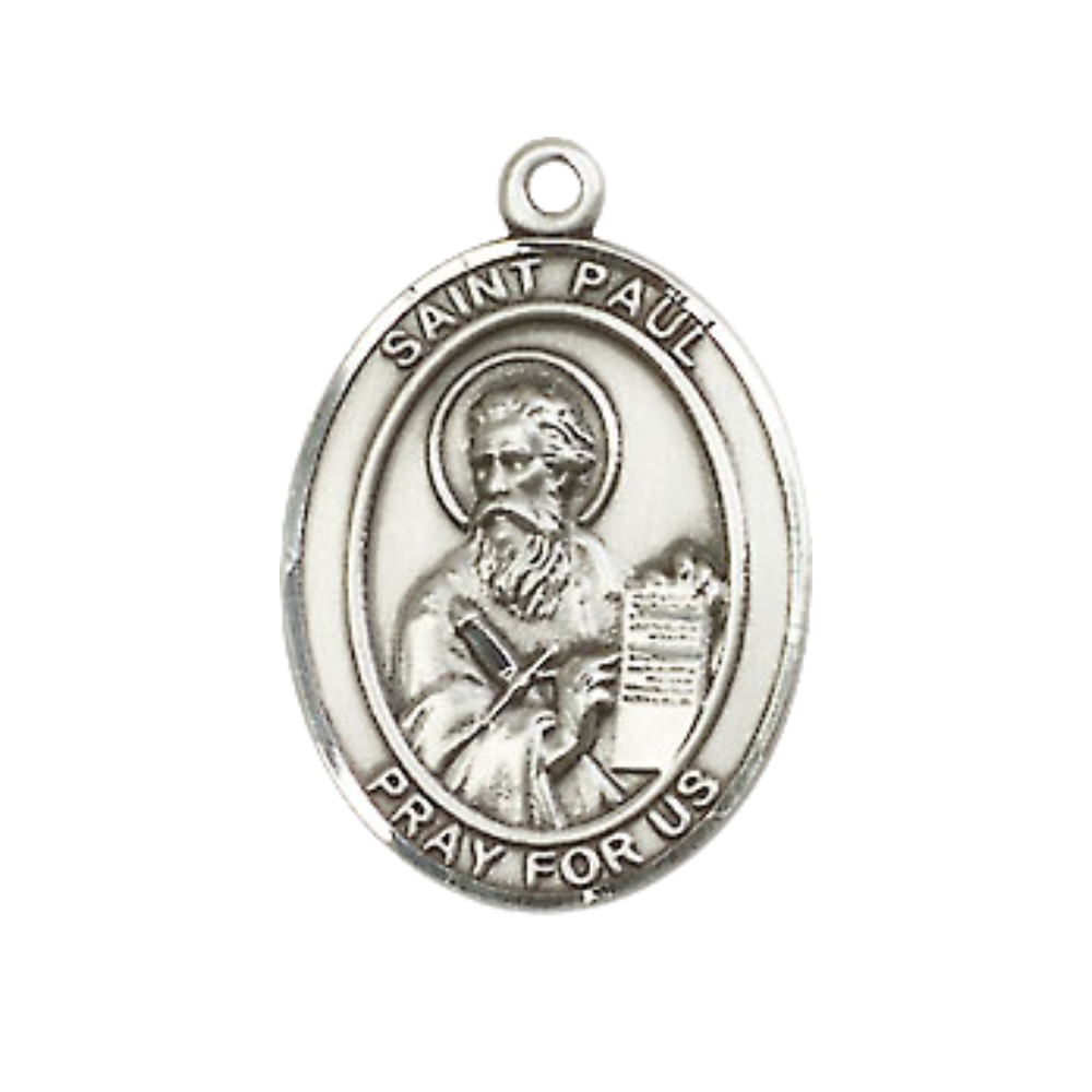 Medium Mens Oval .925 Sterling Silver Saint St. Paul the Apostle Medal Pendant on 24 Inch Rhodium Plated Heavy Curb Brass Chain w/ Lobster Claw Clasp, Catholic Religious Necklace - Made in USA- Velvet Gift Box