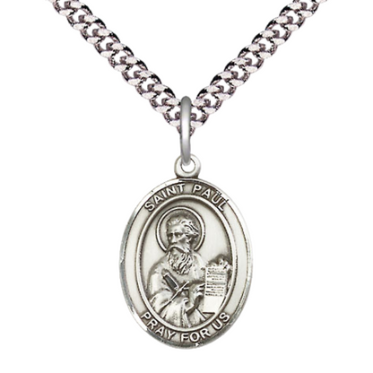 Medium Men's .925 Sterling Silver Saint St. Paul the Apostle Medal Pendant on 24 Inch Endless Rhodium Plated Heavy Curb Brass Chain, Catholic Religious Necklace - Made in USA- Deluxe Velvet Gift Box