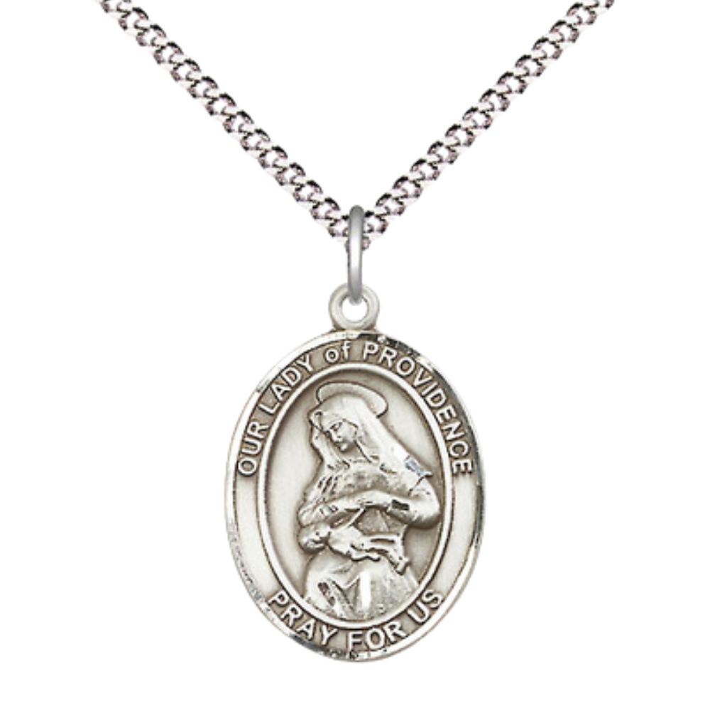 .925 Sterling Silver Our Lady of Providence Medal Pendant on 18 Inch Rhodium Plated Lite Curb Brass Chain w/ Lobster Claw Clasp, Catholic Religious Necklace - Made in USA- Prayer Card Included