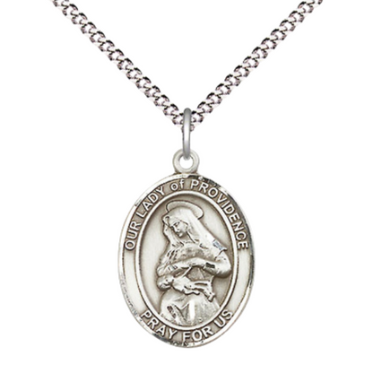 .925 Sterling Silver Our Lady of Providence Medal Pendant on 18 Inch Rhodium Plated Lite Curb Brass Chain w/ Lobster Claw Clasp, Catholic Religious Necklace - Made in USA- Prayer Card Included