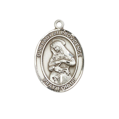 .925 Sterling Silver Our Lady of Providence Medal Pendant on 18 Inch Rhodium Plated Lite Curb Brass Chain w/ Lobster Claw Clasp, Catholic Religious Necklace - Made in USA- Prayer Card Included