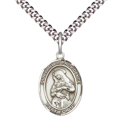Medium Mens Oval .925 Sterling Silver Our Lady of Providence Medal Pendant on 24 Inch Rhodium Plated Heavy Curb Brass Chain w/ Lobster Claw Clasp, Catholic Religious Necklace - Made in USA- Velvet Gift Box