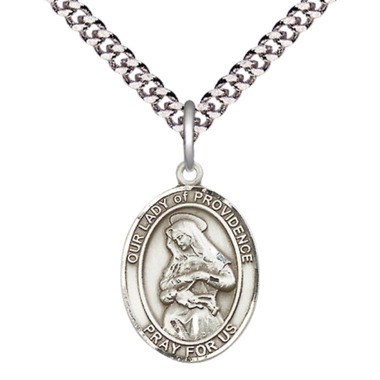 Medium Men's .925 Sterling Silver Our Lady of Providence Medal Pendant on 24 Inch Endless Rhodium Plated Heavy Curb Brass Chain, Catholic Religious Necklace - Made in USA- Deluxe Velvet Gift Box