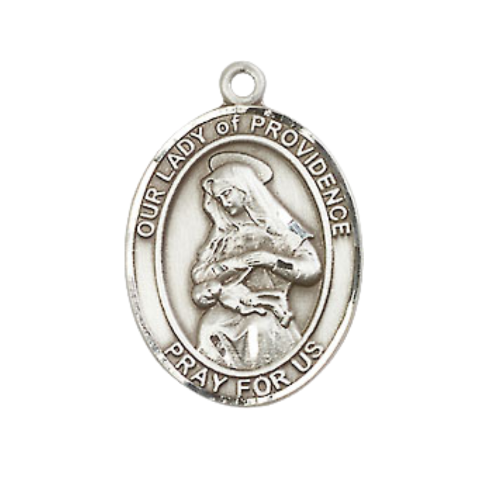 Medium Mens Oval .925 Sterling Silver Our Lady of Providence Medal Pendant on 24 Inch Rhodium Plated Heavy Curb Brass Chain w/ Lobster Claw Clasp, Catholic Religious Necklace - Made in USA- Velvet Gift Box