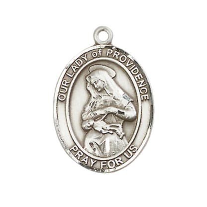 Medium Men's .925 Sterling Silver Our Lady of Providence Medal Pendant on 24 Inch Endless Rhodium Plated Heavy Curb Brass Chain, Catholic Religious Necklace - Made in USA- Deluxe Velvet Gift Box