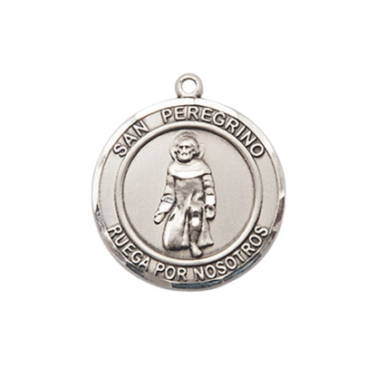Spanish Script Women's Pewter Saint St. Peregrino Medal Pendant on 18 Inch Rhodium Plated Lite Curb Brass Chain, Catholic Religious Necklace with Lobster Claw Clasp - Made in USA, Comes in Deluxe Velvet Gift Box