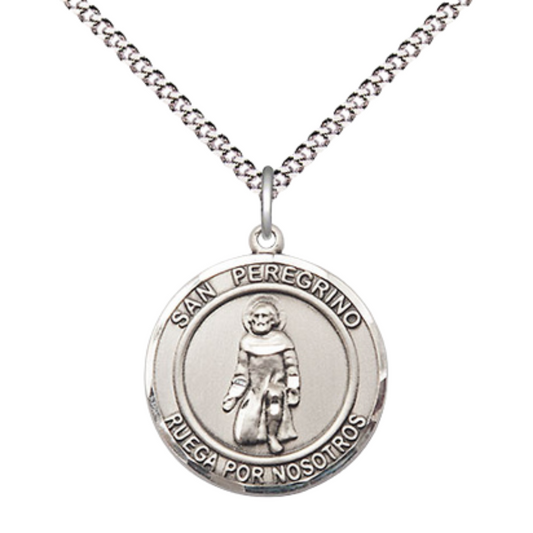 Spanish Script Women's Pewter Saint St. Peregrino Medal Pendant on 18 Inch Rhodium Plated Lite Curb Brass Chain, Catholic Religious Necklace with Lobster Claw Clasp - Made in USA, Comes in Deluxe Velvet Gift Box