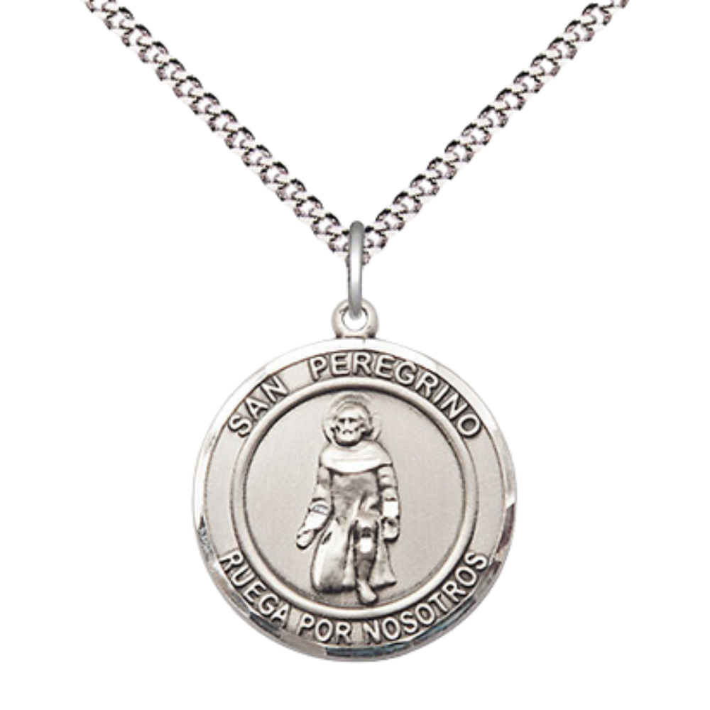 Medium Women's .925 Sterling Silver San Peregrino Pendant Necklace – ¾” x ?” Medal on 18 Inch Rhodium- Plated Lite Curb Brass Chain with Lobster Claw Clasp, Catholic Medal - Patron Saint. of Healing – Velvet Gift Box