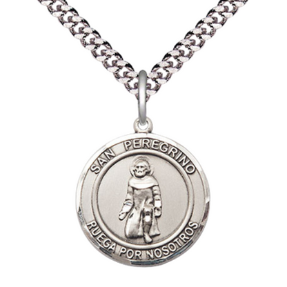 Mens Medium Round Pewter Saint St. Peregrino Medal Pendant on 24 Inch Rhodium Plated Heavy Curb Brass Chain w/ Lobster Claw Clasp, Catholic Religious Necklace - Made in USA- Deluxe Velvet Gift Box